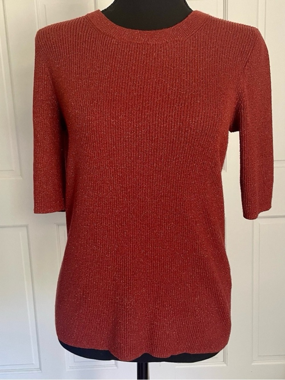 Sparkle Ribbed Short-Sleeve Top — Rust Red